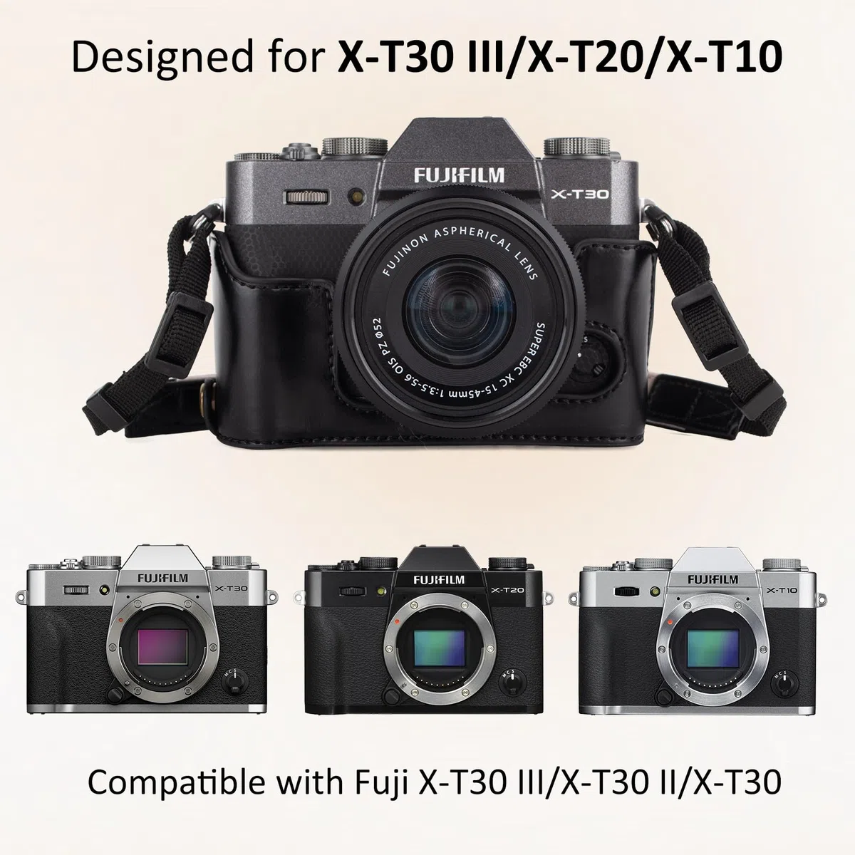 kinokoo Custodia per Fujifilm XT10 T20 XT30 XT30 II XT30 III, custodia protettiva in pelle PU Fuji X-T30 III X-T30 II X-T30 X-T20 X-T10 con obiettivo 16-50 mm e 18-55 mm - con tracolla - Caffè