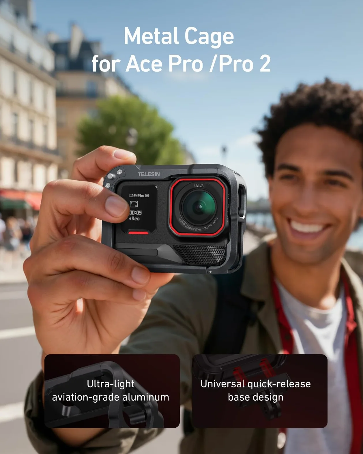 TELESIN Custodia Protettiva con Telaio in Lega di Alluminio per Insta 360 Ace Pro 2/Ace Pro, Custodia Protettiva con Gabbia in Metallo a Sgancio Rapido con Vite da 1/4" e Slitta Fredda, Accessori