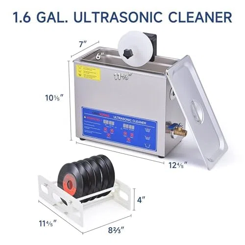 Pulitore ultrasonico per dischi in vinile, capacità 6 dischi, 40 kHz 180 W, con cestello e sfera a rete fine per una pulizia profonda