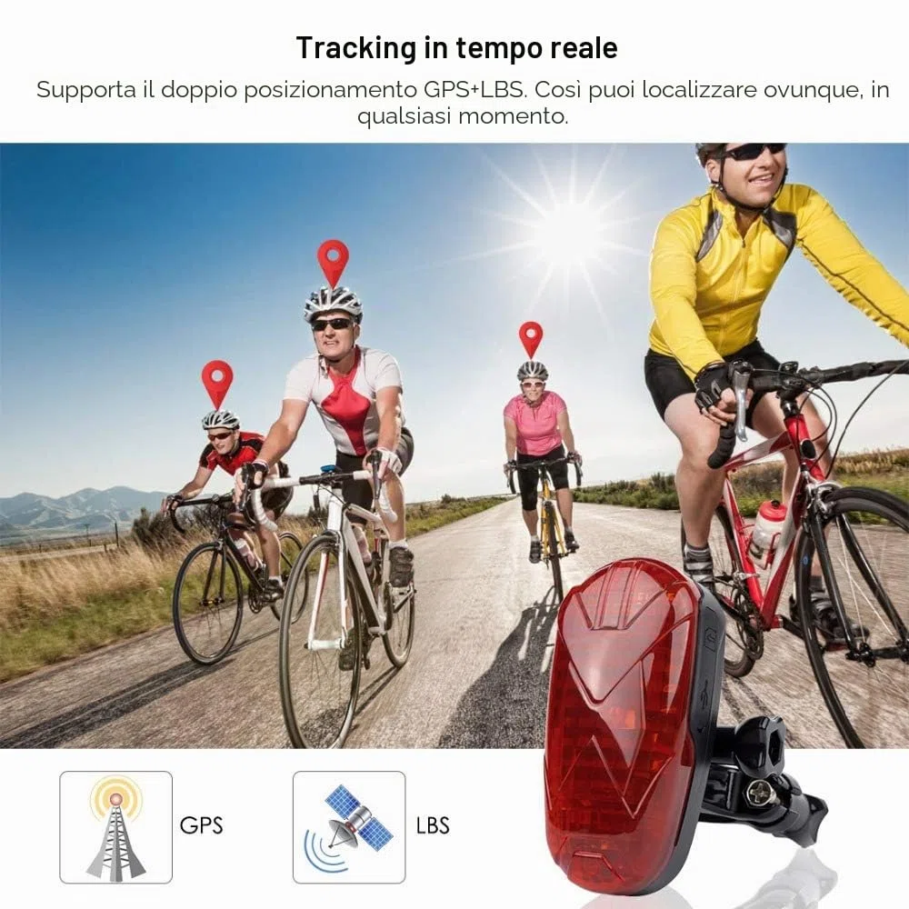 Localizzatore GPS per Bici Monitoraggio in Tempo Reale Satellitare GPS Tracker Antifurto Impermeabile Fanale Posteriore per bicicletta