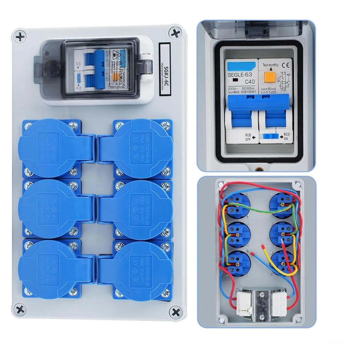 Distributore da parete IP54, a 6 scomparti, con interruttore FI 1P+N, 250 V/16 A, alloggiamento in ABS, impermeabile, antipolvere, per officina, garage, edilizia, esterni, grigio blu