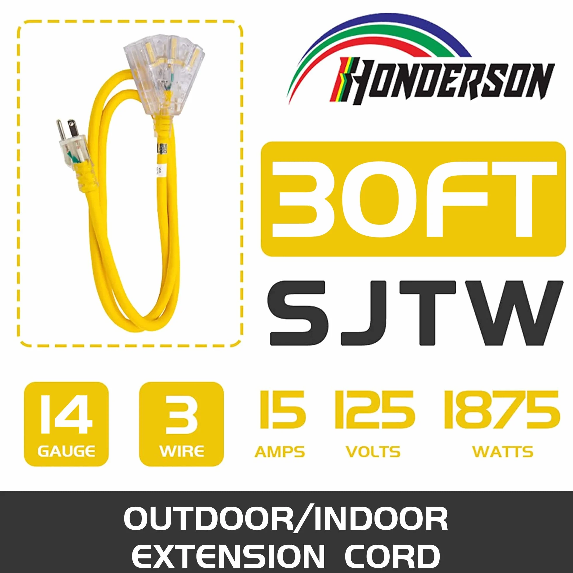 Cavo di prolunga illuminato per esterni, 30 m, 3 prese, robusto cavo di prolunga SJTW giallo 14/3 con spina a 3 poli per una maggiore sicurezza