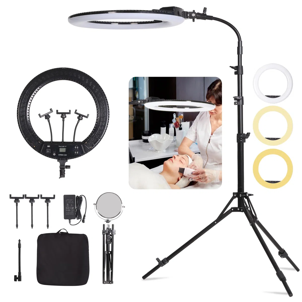 19" LED Ring Light Luce Anulare Kit con Stativo, Specchio e Supporto per Telefono per La Fotografia in Studio, Ritratto, Selfies, Live Streaming, Registrazione Video, Trucco di Bellezza
