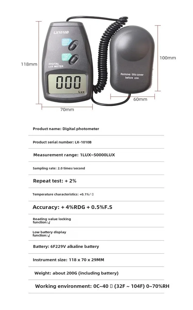 Luxmetro digitale portatile Lx-1010b Strumento fotometrico ad alta precisione for applicazioni di illuminazione Multifunzione