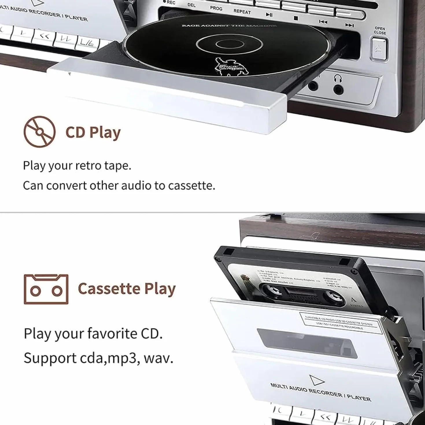 Giradischi Bluetooth 10 in 1 in vinile giradischi, lettore di cassette CD, 33/45/78 giri/min, altoparlanti integrati, pannello di controllo per l'intrattenimento domestico