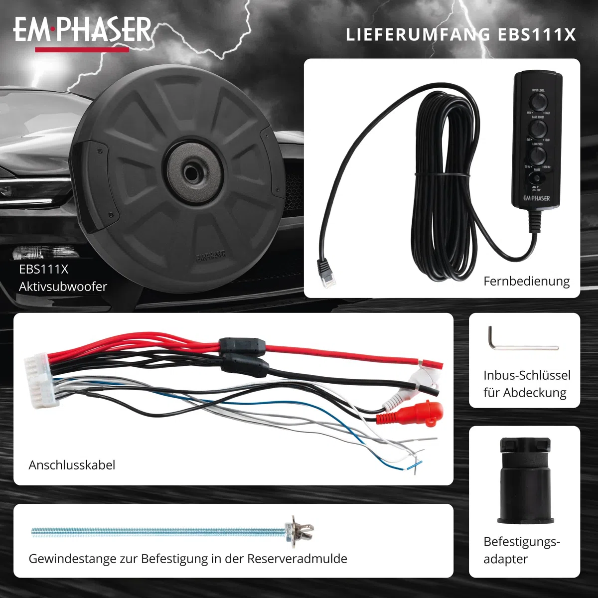 EMPHASER EBS111X - Subwoofer attivo da 28 cm per ruota di scorta, 300 W | Bassbox attivo da 11" per ruota di scorta o ruota di scorta, alloggiamento piatto in alluminio, solo 12 cm di altezza