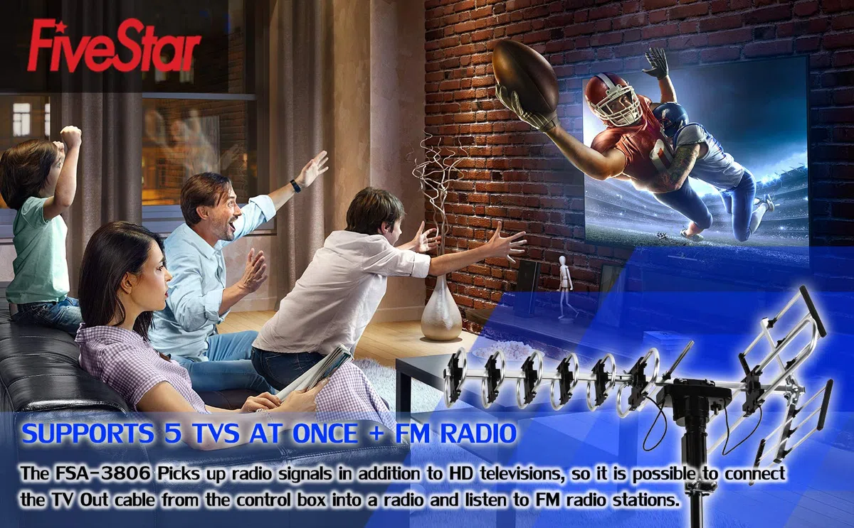 Five Star Antenna TV HD per esterni più forte fino a 200 miglia a lungo raggio con rotazione motorizzata di 360 gradi, radio UHFVHFFM con telecomando a infrarossi design avanzato Plus kit di