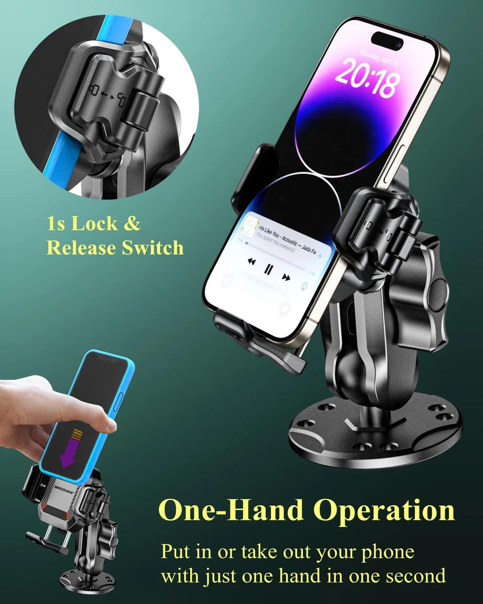 BRCOVAN Supporto per telefono con smorzatore di vibrazioni e interruttore di blocco 1s, supporto per cellulare di dimensioni regolabili con base rotonda e braccio medio in lega di alluminio per auto,