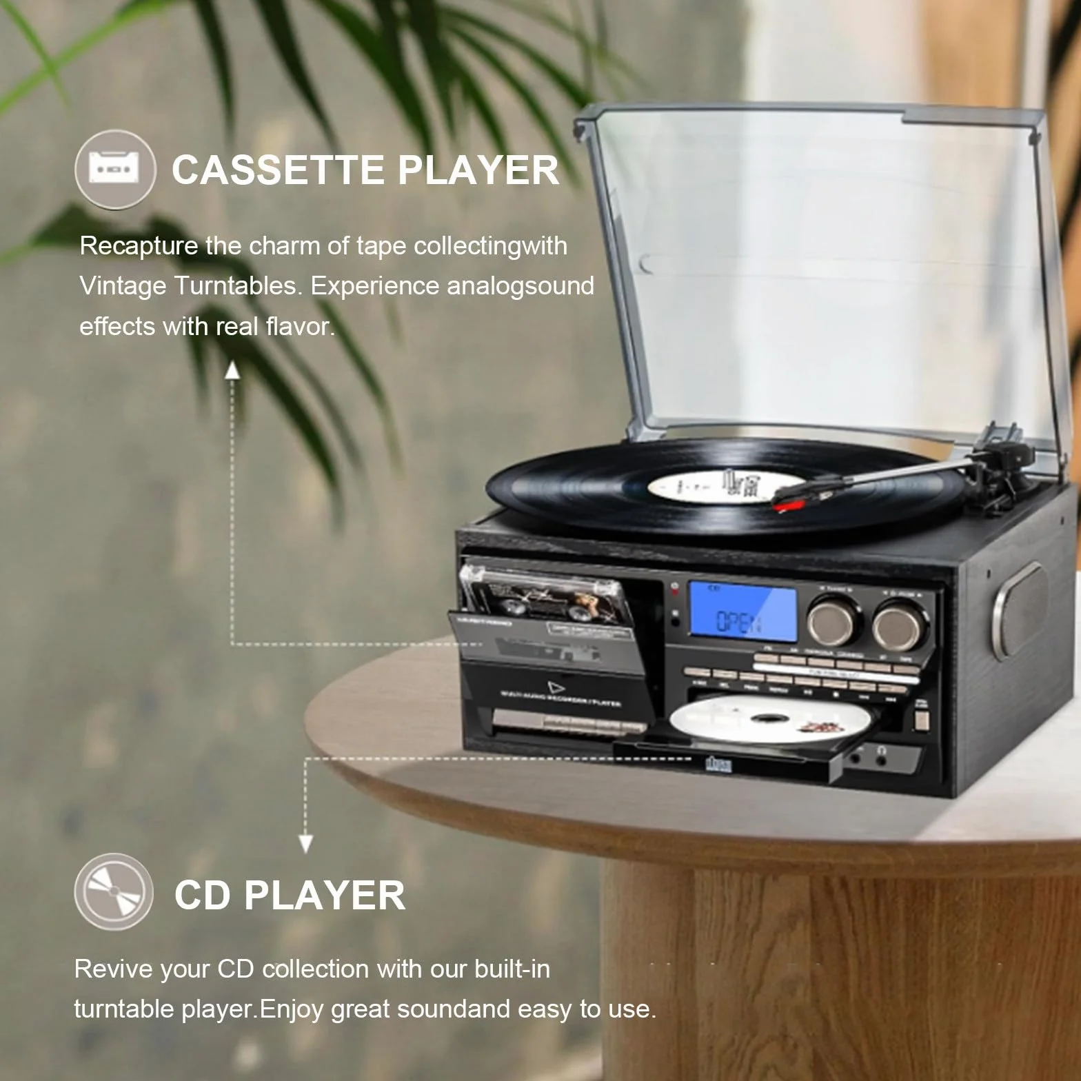 Giradischi vintage giradischi con riproduzione di CD e cassette per gli amanti della musica, stile classico, perfetto per gli appassionati di casa e audio