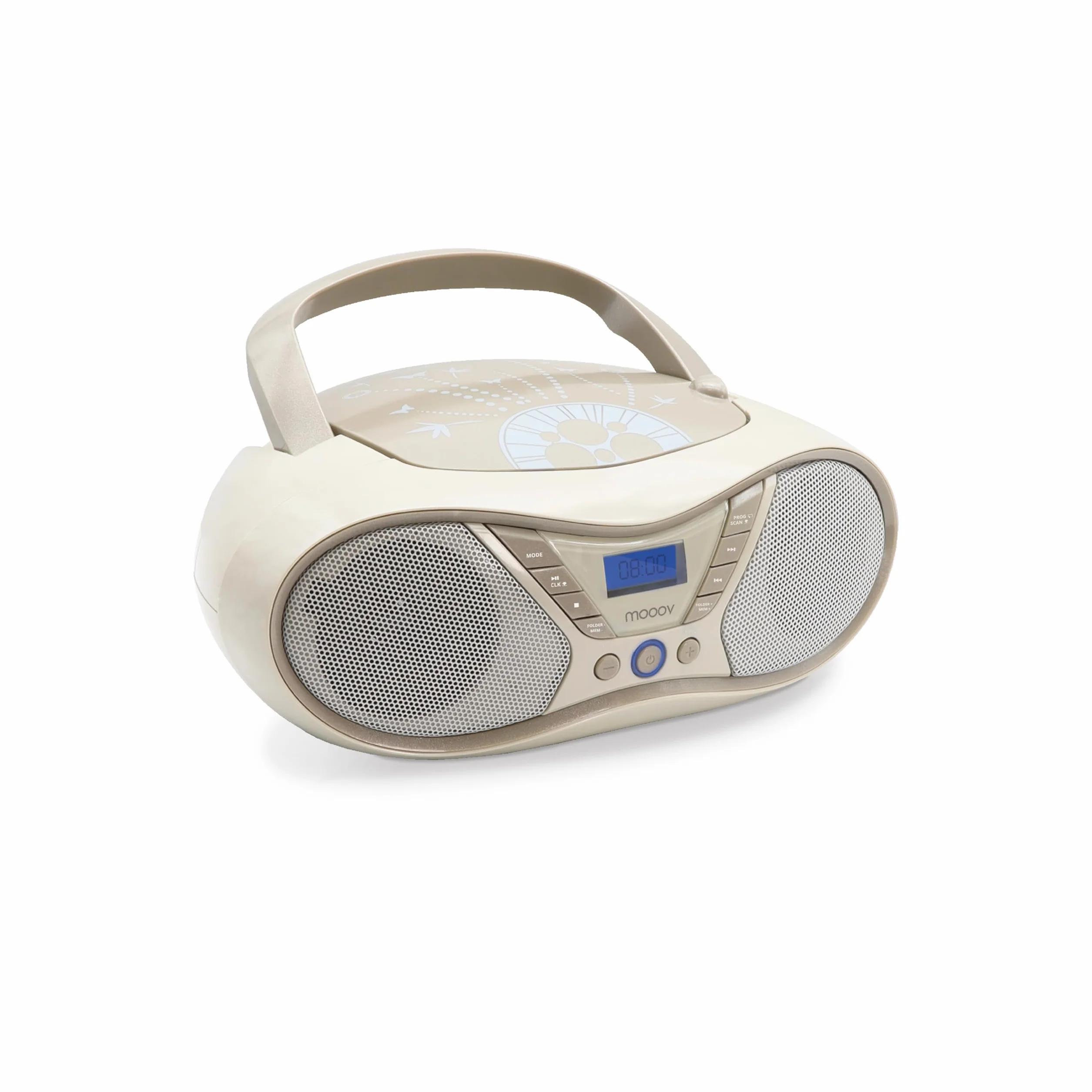 MOOOV Soft Grey, lettore CD portatile, riproduzione CD-R/CD-RW/CD-MP3, radio FM, porta USB, audio stereo 6W, impugnatura ergonomica, funziona su alimentazione o batterie