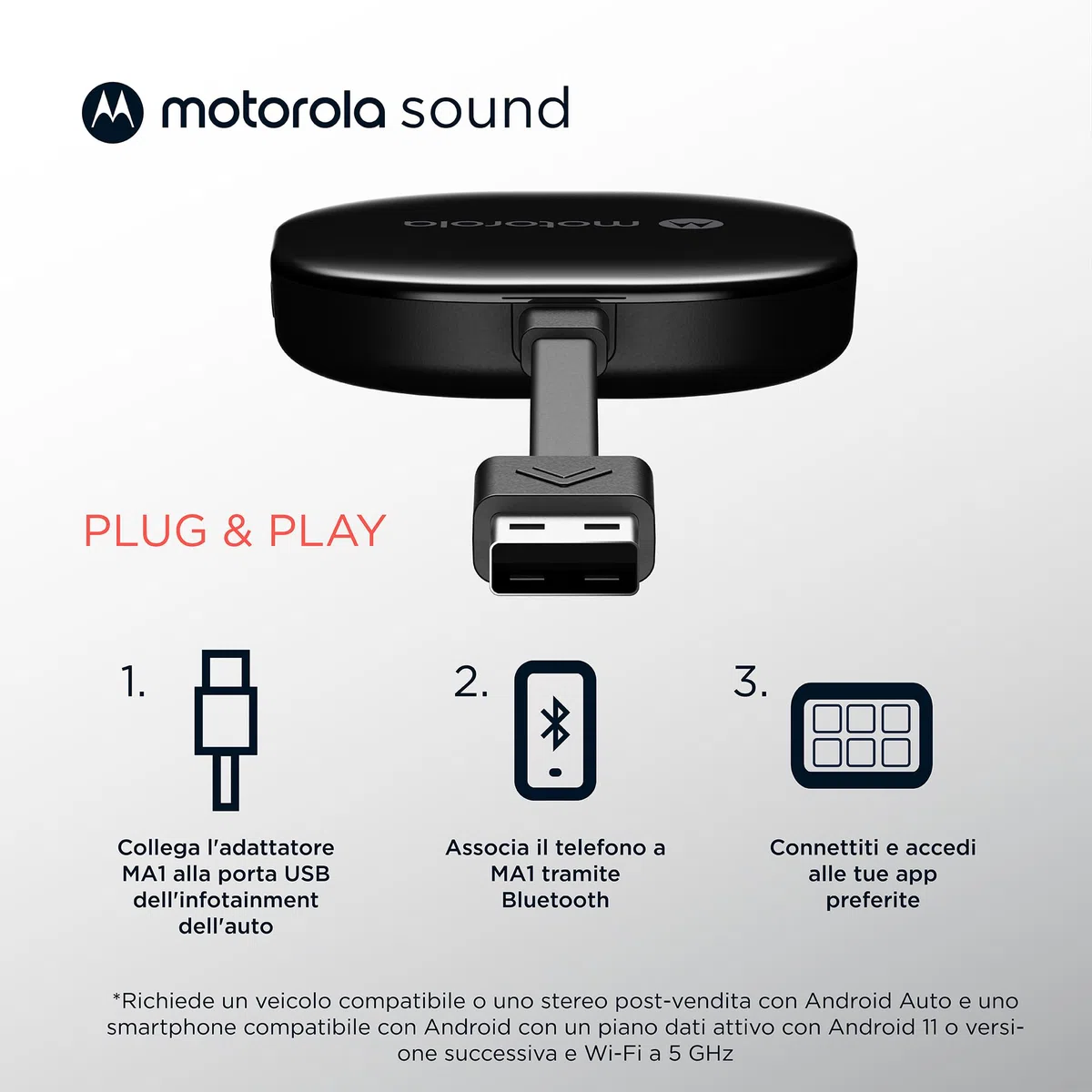 Motorola Sound MA1 - l'unico Google autorizzato Wireless Android Auto Car Adapter - Connessione istantanea dallo smartphone allo schermo dell'auto con facile configurazione