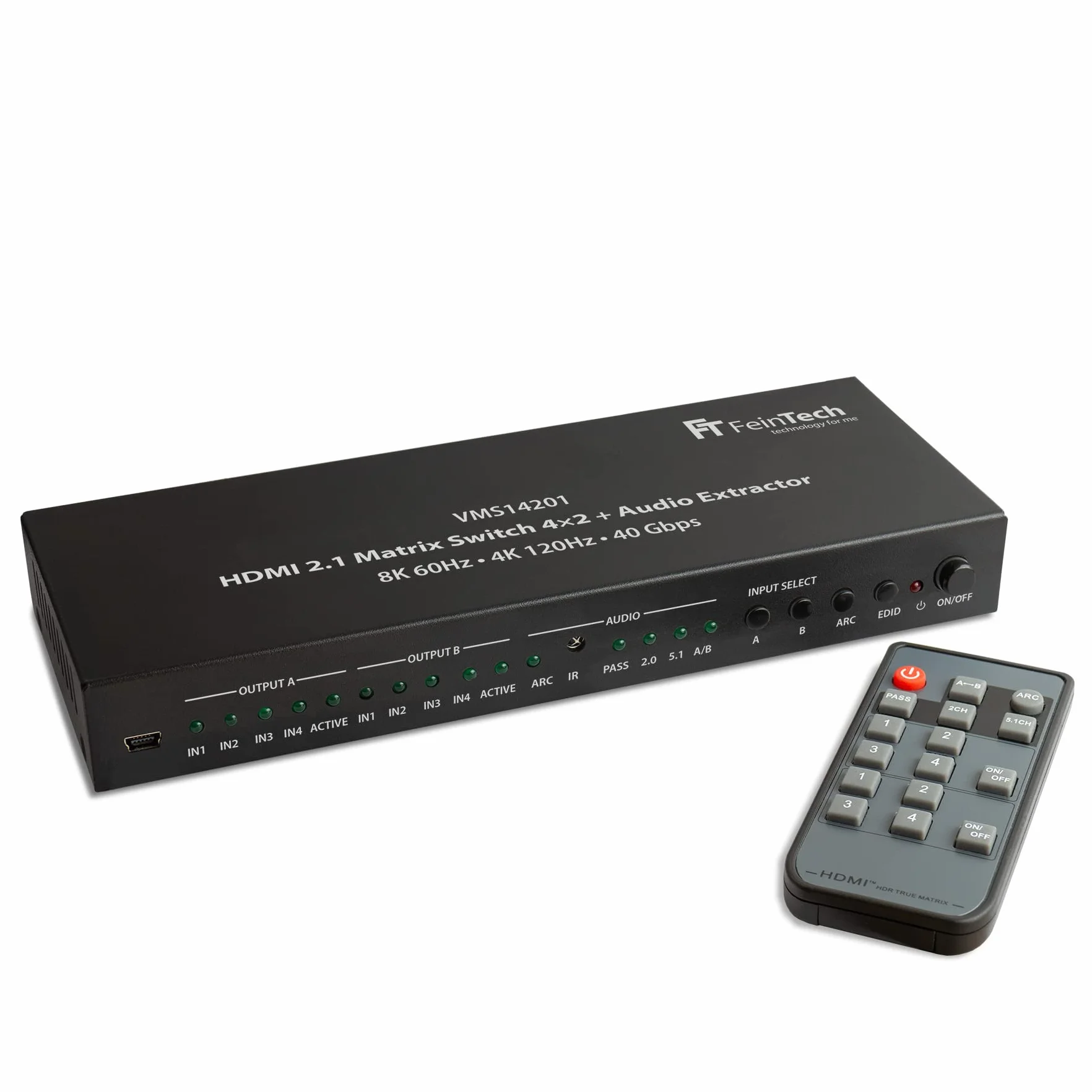 FeinTech VMS14201 HDMI 2.1 Matrix Switch 4x2 Commutatore 4K 120Hz 8K Ultra HD 4 in 2 Out Audio Extractror ARC Toslink SPDIF Downscaler per Xbox PS5 TV Monitor HDR VRR 40Gbps