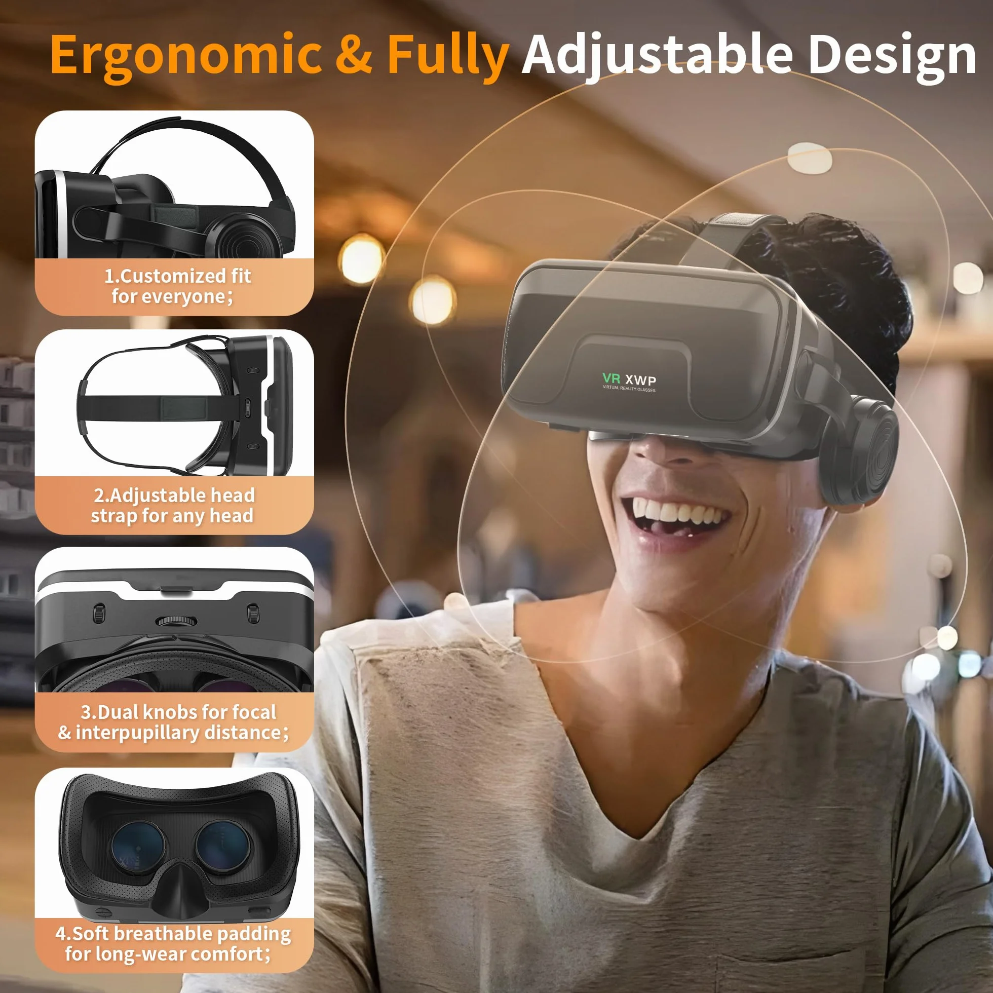 XWP Visore Realtà Virtuale Con Cuffie, Occhiali Per 3D VR Con Lenti HD, Compatibile Con iPhone E Android (4,7–7,2"), Immersivo Per Giochi, Film E Divertimento In Famiglia, Amici
