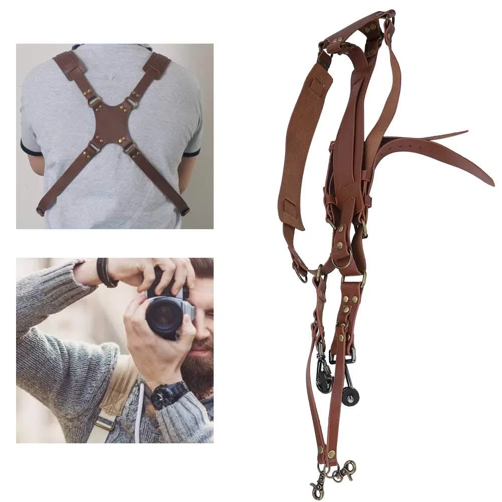 Haofy Cinghia per Fotocamera per 2 Fotocamere, Accessori per la Fotografia con Cinturino in Pelle a Doppia Spalla per Fotocamere DSLR(Spalle-Marrone)