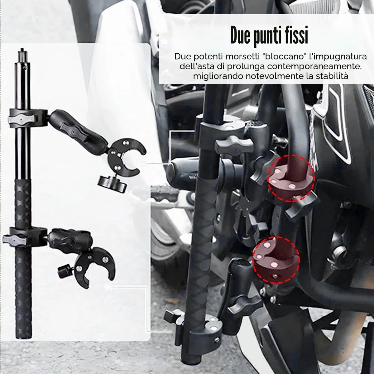 Supporto Moto per Insta360 x4 Action Camera, Moto Montaggio Kit Compatibile per Insta 360 X4 X3 X2 X RS GO 3, Rotazione a 360 Gradi Supporto a Doppia Pinza e Doppia Stabilità