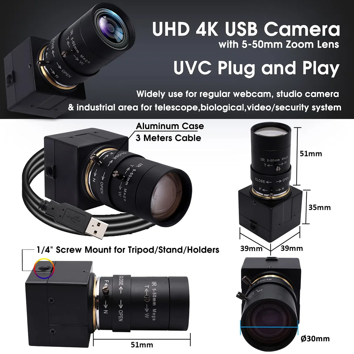 Svpro 4K HD Webcam con obiettivo varifocal 5-50mm, fotocamera USB con zoom ottico 10X con sensore Sony IMX415, fotocamera ad alta definizione 3840x2160@30fps per Windows Linux Andorid MAC OS