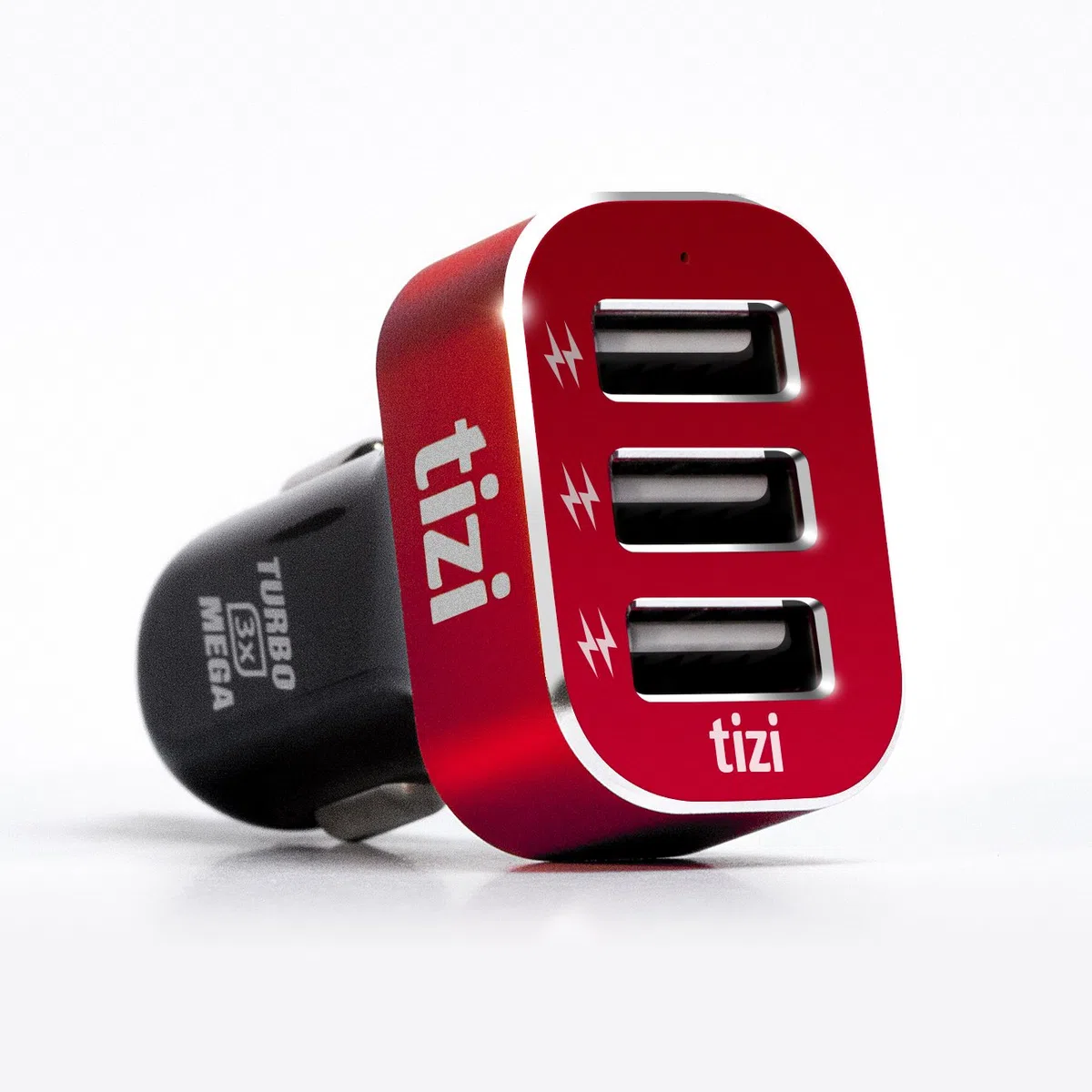 tizi Turbolader 3X Mega (7,2A, Monza Rot Edition) - Caricatore Auto USB a 3 Porte con Testa in Alluminio di Alta qualità