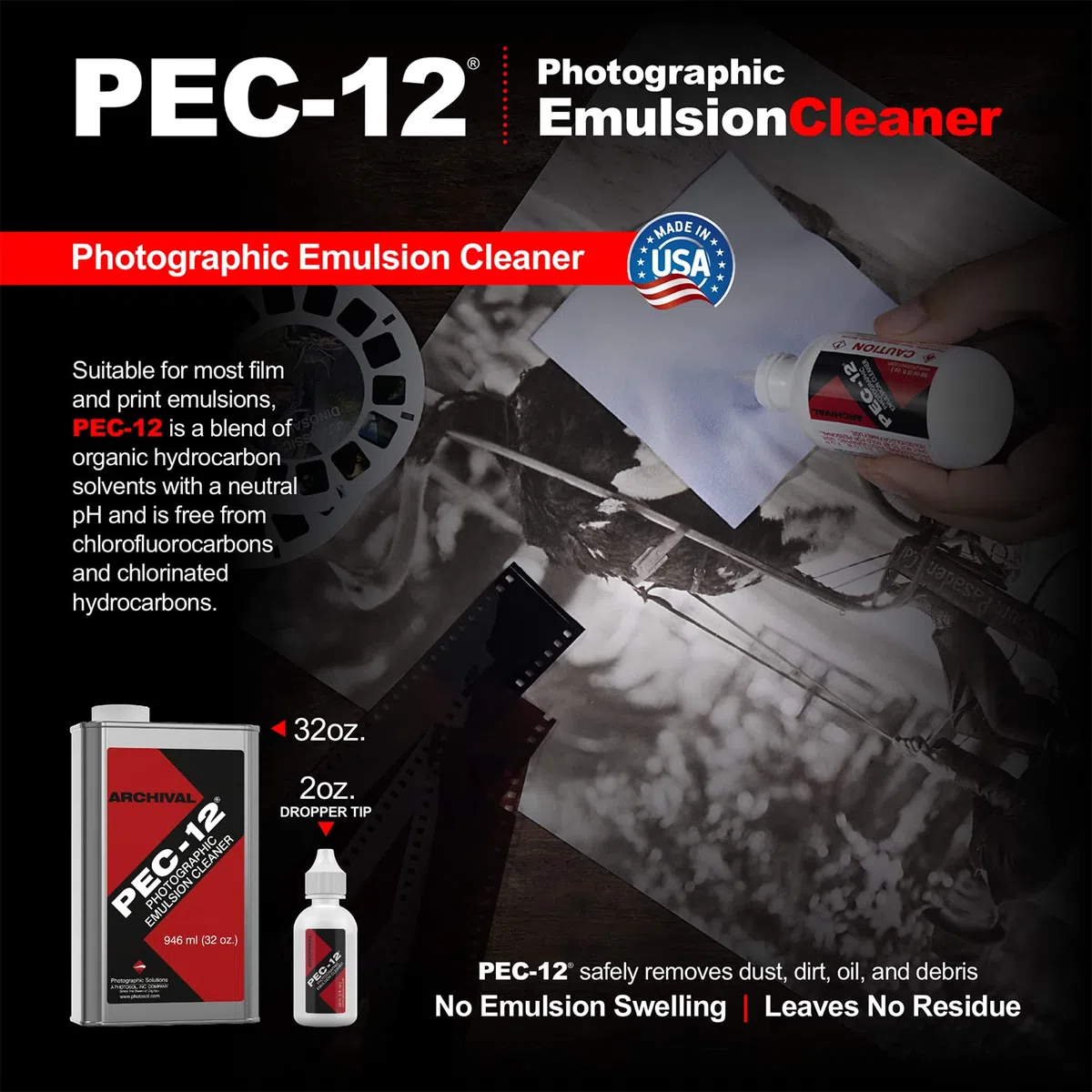 PEC-12 Photographic Emulsion Cleaner Kit and PEC-PAD Lint Free Non-Abrasive Wipes 4"x4" 100 Sheets per/Pkg - For Cleaning Film, Photo Negative, B&W Slide - Dropper Tip (59ml) 2oz