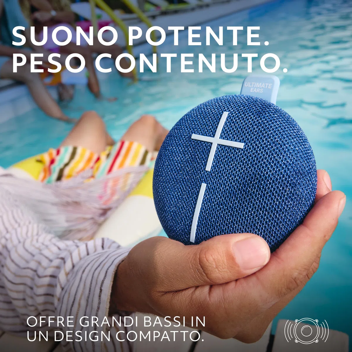 Ultimate Ears MINIROLL Altoparlante Bluetooth impermeabile ultraportatile, bassi potenti, resistente alla polvere IP67, raggio d’azione di 40 m - Blu