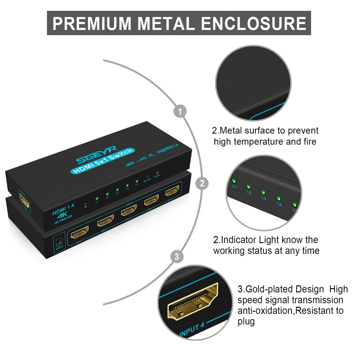 SGEYR Switch HDMI 5 in 1 Out Con Telecomando, Automatico 4K, Sdoppiatore Multi Porta per TV, Supporta 3D Full HD 1080P, per PS4, Xbox, DVD