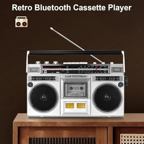 Boombox portatile - Lettore CD, cassette e radio stereo Bluetooth con ingresso SD/USB e registratore a nastro, per riunioni di famiglia e viaggi