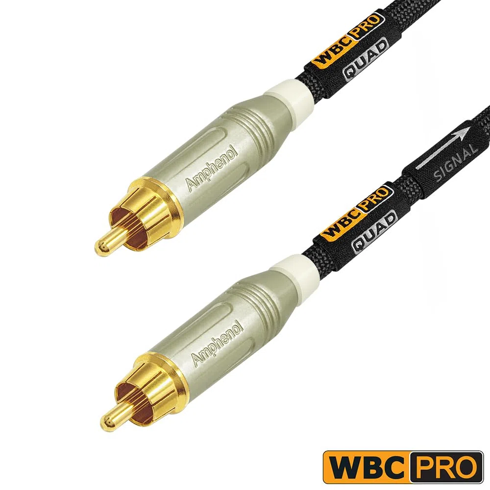 Cavo per subwoofer WBC-PRO-Quad ultra silenzioso, ultra flessibile, canale centrale Star-Quad, con Amphenol ACPR-SWH pressofuso, connettori RCA placcati oro e rivestimento in tweed nero, design