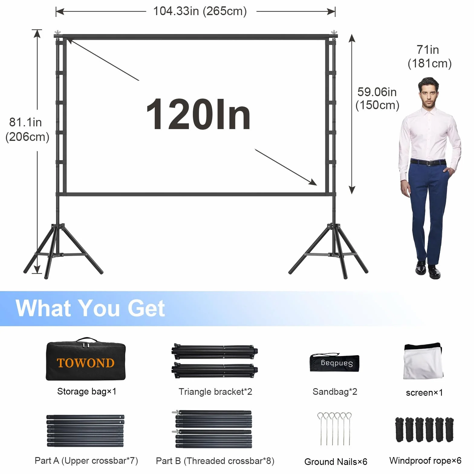 TOWOND Schermo per proiettore da 120 pollici, con supporto, pieghevole, portatile, 16:9, HD, per esterni per home cinema e giardino, proiezione anteriore e posteriore, lavabile in poliestere antipiega