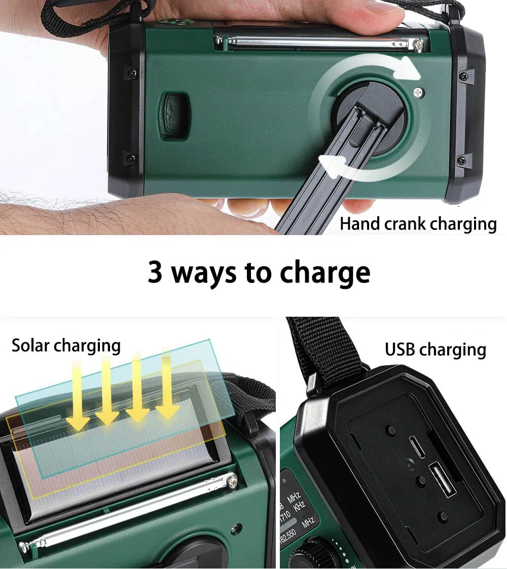 Radio AM/FM/WB Portatile Emergenza Solare,Winnes Radiolina a Manovella Dinamo con Batteria da 20000 mAh per Ricarica Telefono di Emergenza Outdoor Allarme SOS e Torci,LED Lampada da lettur - (Verde)