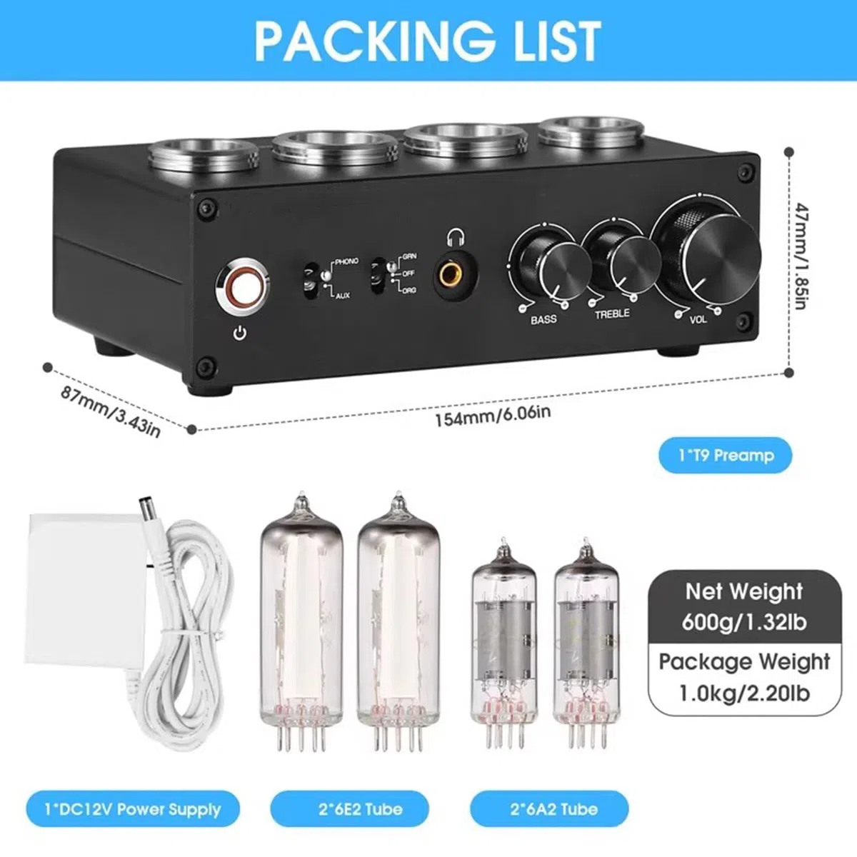 Preamplificatore Phono a Valvole, Preamplificatore per Giradischi/Lettore MM, con Gain Gear, Manopola di Controllo del Volume, Uscita Stereo L/R/RCA/Jack da 3,5 Mm
