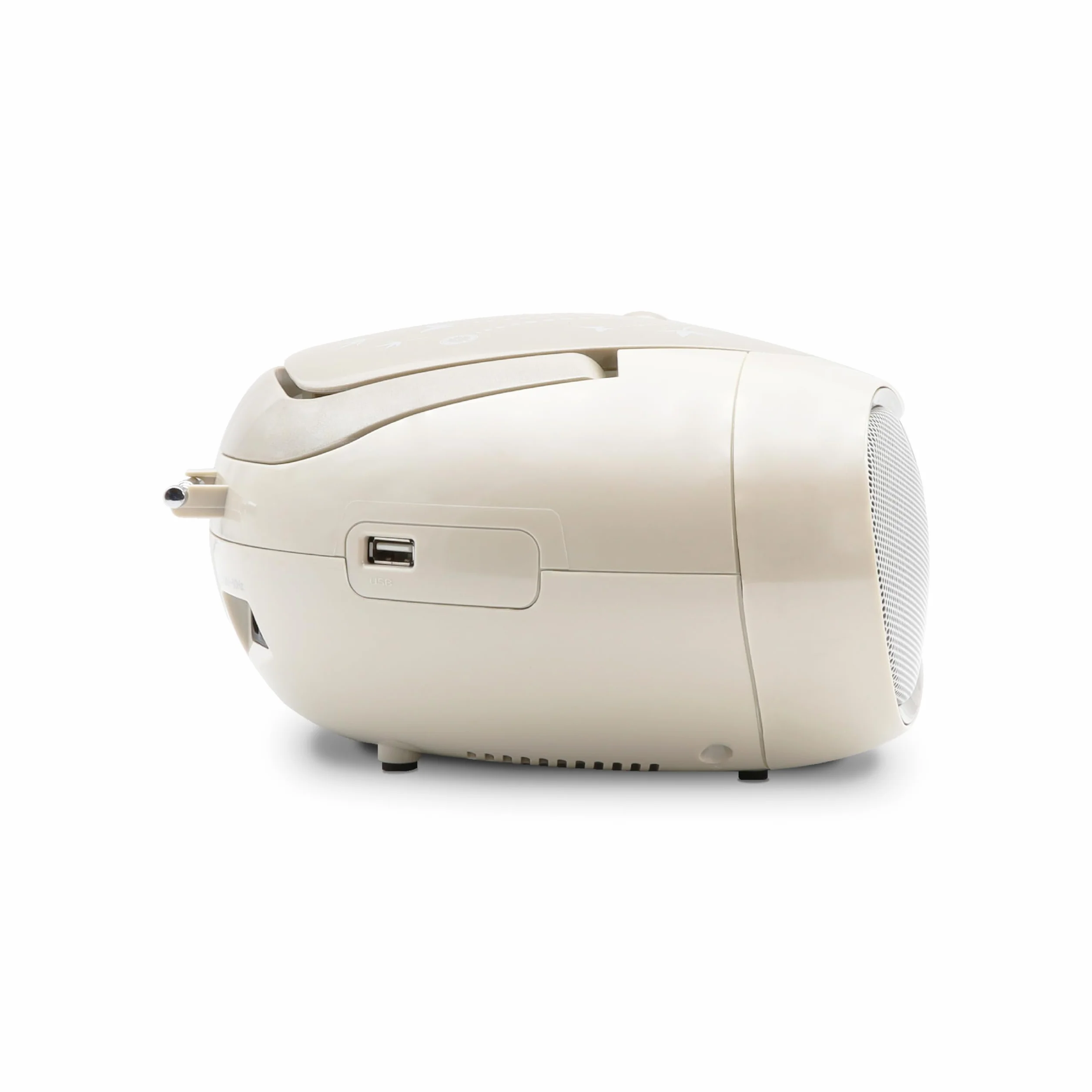 MOOOV Soft Grey, lettore CD portatile, riproduzione CD-R/CD-RW/CD-MP3, radio FM, porta USB, audio stereo 6W, impugnatura ergonomica, funziona su alimentazione o batterie