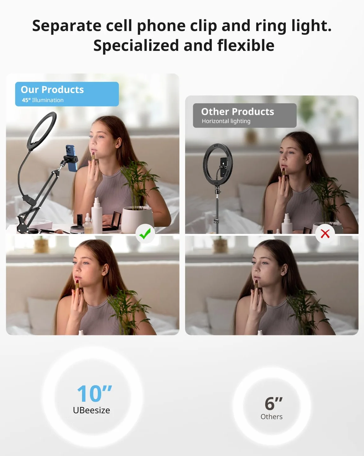 UBeesize Treppiede per cellulare con luce ad anello, 10", per video alimentari | Tubo flessibile treppiede per cellulare con luce ad anello per tavolo con treppiede per YouTube, TikTok, Live Stream, cucina