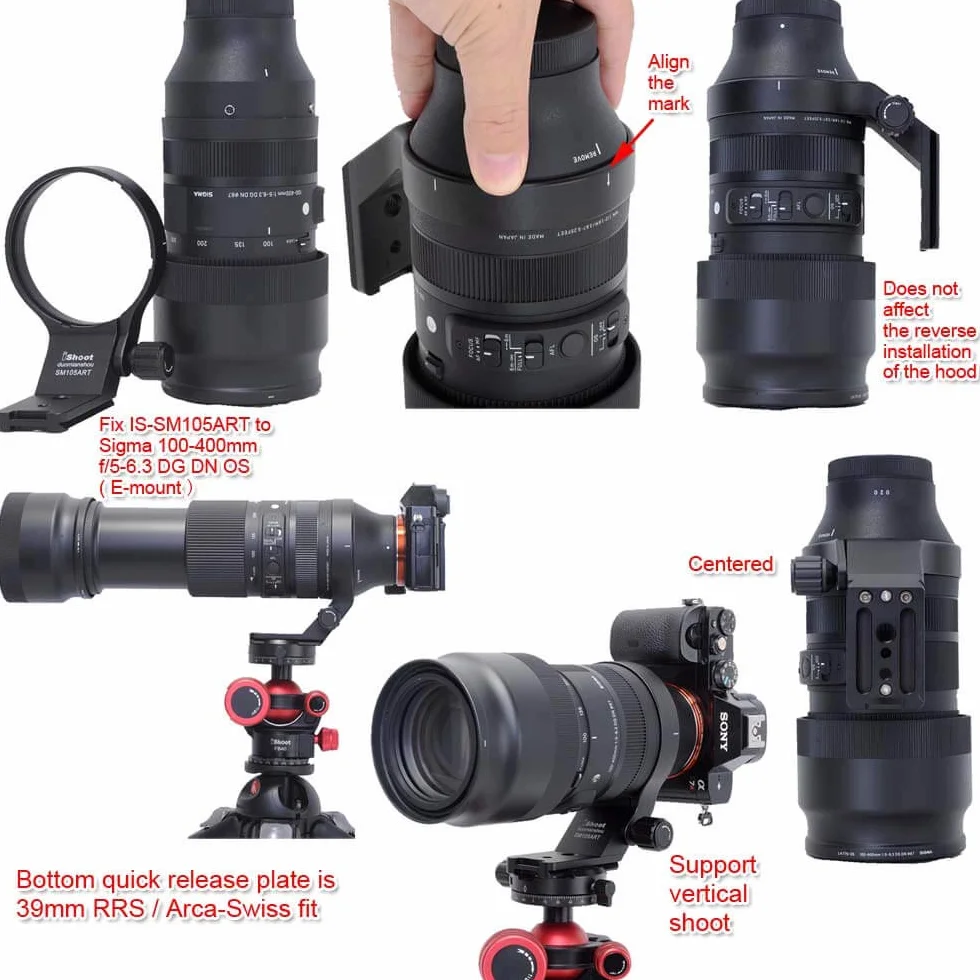 iShoot Collare per obiettivo Anello di montaggio per treppiede compatibile con Sigma 100-400mm f/5-6.3 DG DN OS & 105mm f/1.4 DG HSM Art, Staffa Supporto Lenti è Arca-Swiss Piastra a Sgancio Rapido