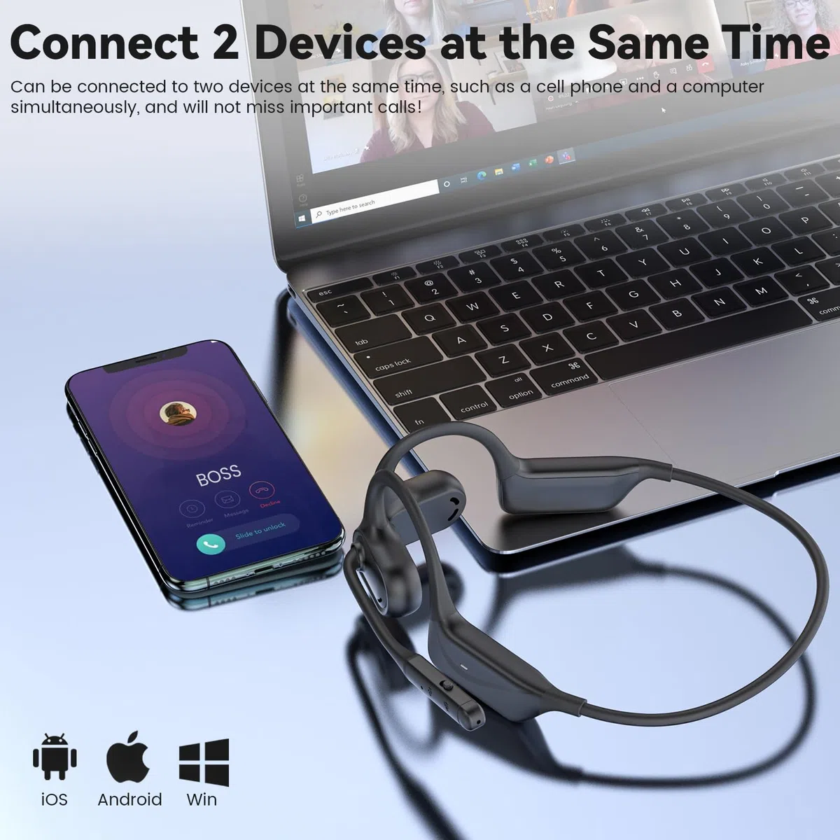 Open-Ear Cuffie Bluetooth 5.4 con Microfono, Pulsante Muto per Casa Ufficio | Cancellazione del rumore, Non a conduzione ossea