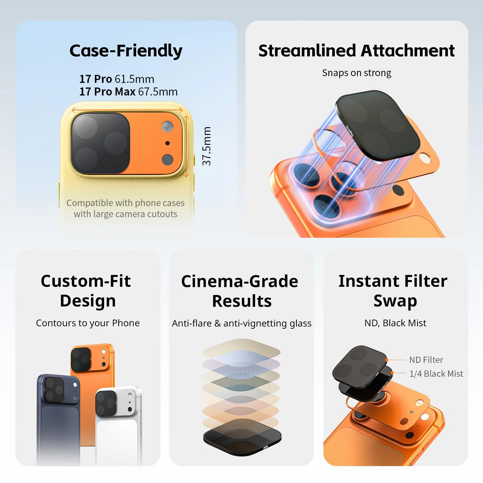 SMALLRIG Kit di Filtri Quadrati ND e Black Mist per iPhone 17 Pro Max, Filtri Magnetici per Obiettivo con Base di Montaggio, Filtro da 1/4"/ND2/ND4/ND8/ND16/ND32, Confezione da 6, Argento - 6077