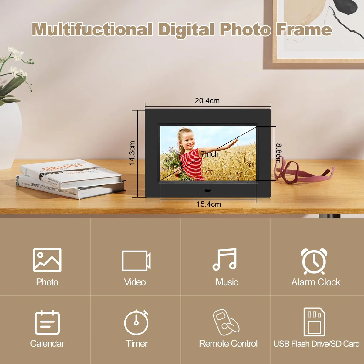 Cornice per foto digitale, 7 pollici, display IPS completo, cornice elettronica, video, riproduzione musicale, calendario, sveglia, con telecomando, slot per schede USB/SD (non WiFi)
