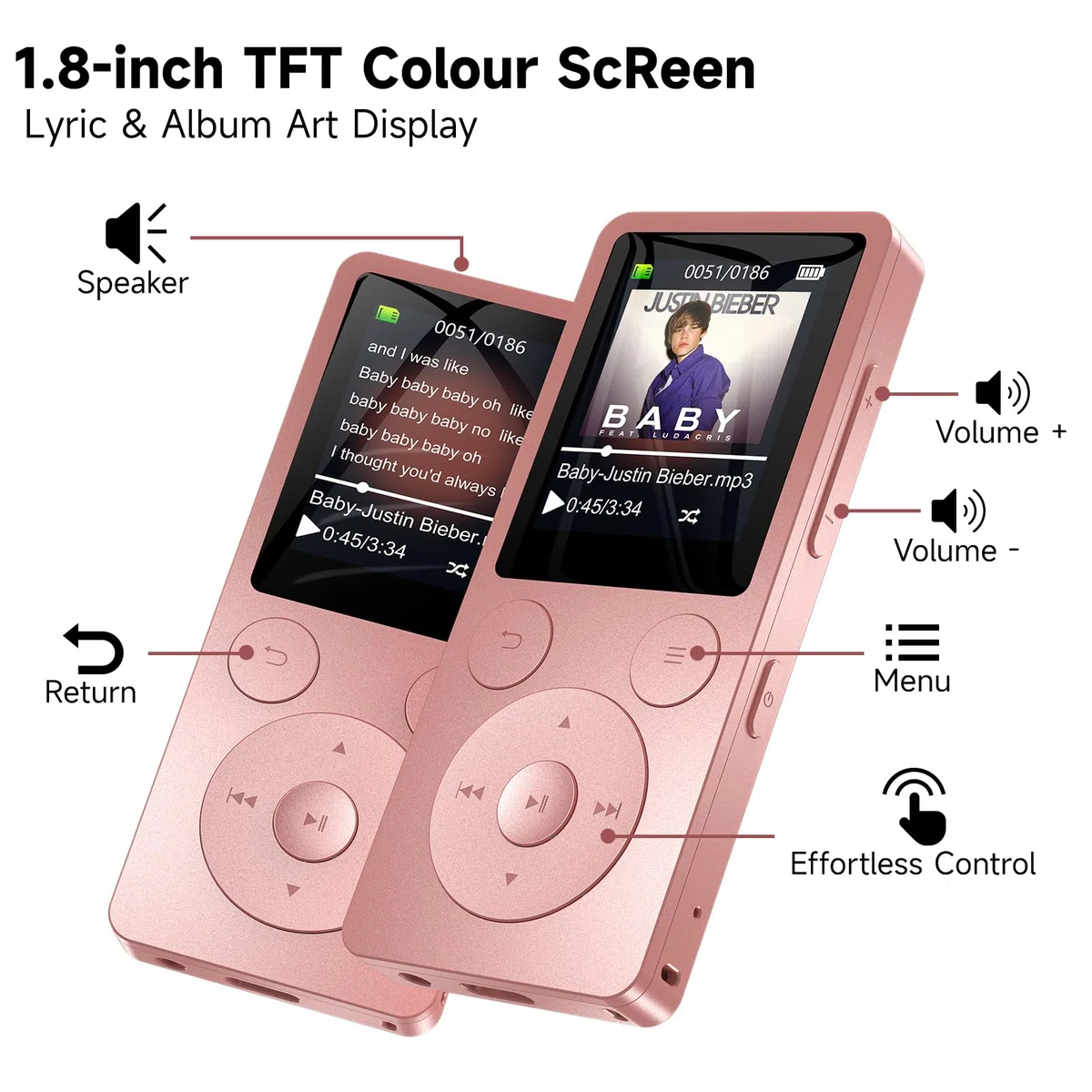 32GB Lettore MP3 Bluetooth 5.3 & Altoparlante – Aggiornamento con Tasti Fisici (Indietro, Menu, Volume), Solo 37g con Cuffie, Radio FM, Registratore Vocale, Design Mini, Espandibile fino a 128GB
