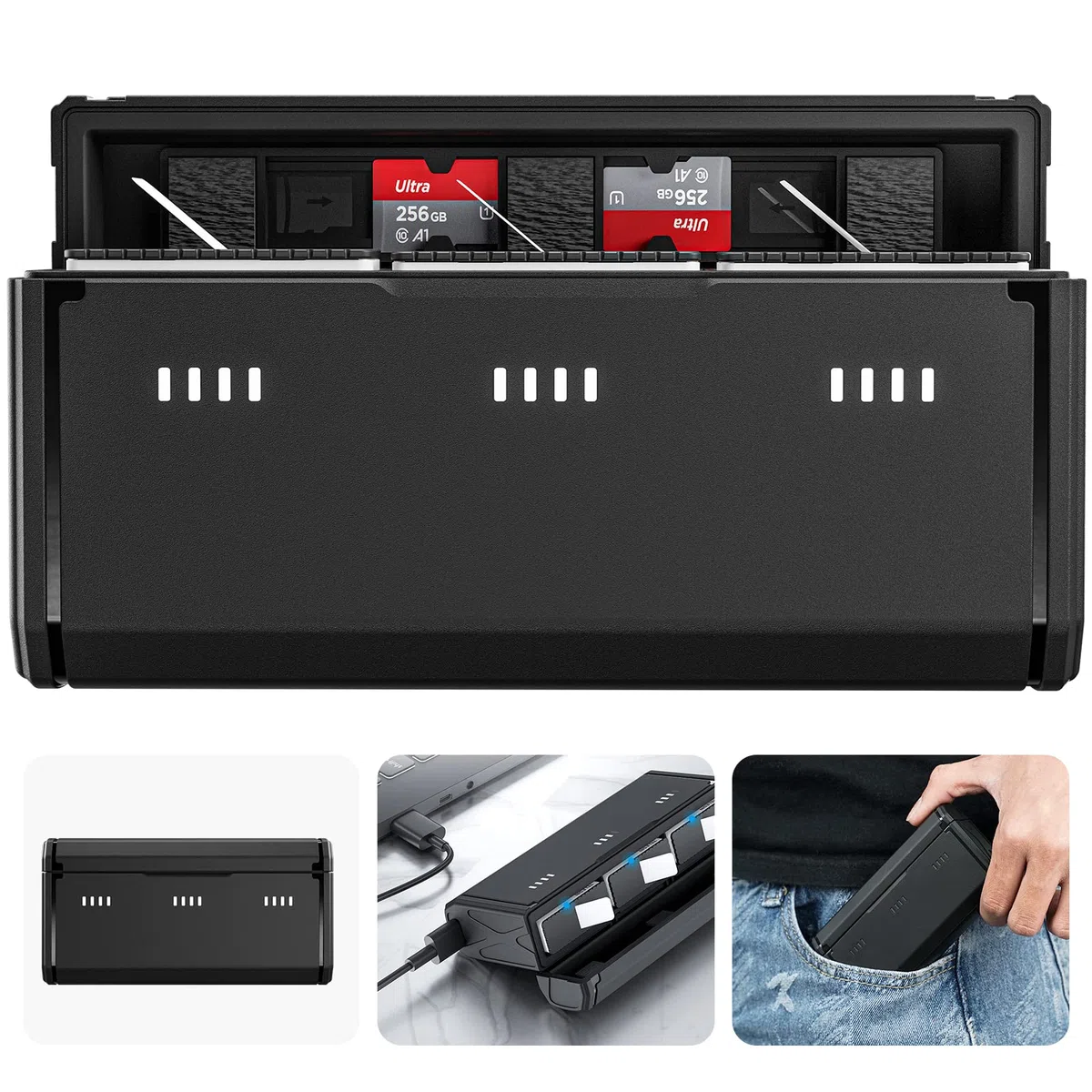 TELESIN Caricabatteria Tascabile per GoPro Hero 12 11 10 9, Ricarica Rapida, Design Portatile, 3 Slot, 2 Memorie per Schede TF, Compatibile con Batterie Enduro e Standard, Accessori