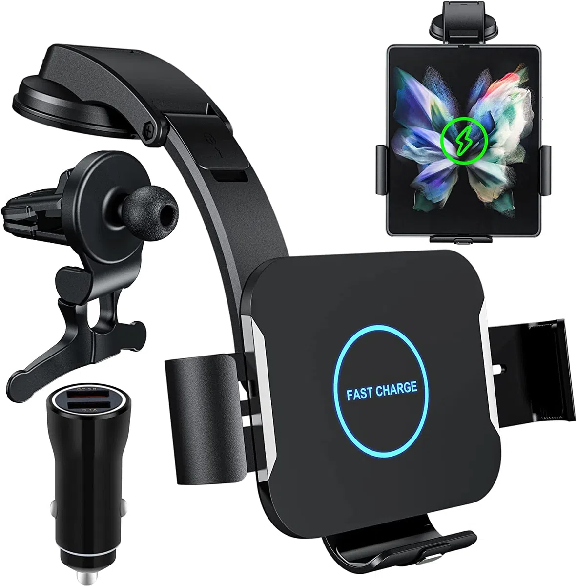 Qoosea Qi 15W Caricatore Wireless Auto, Doppia Bobina Caricabatteria da Auto Senza Fili Supporto Telefono per Bocchette e Cruscotto, Porta Cellulare Auto per Samsung Z Fold 4/3/2 iPhone Xiaomi Huawei