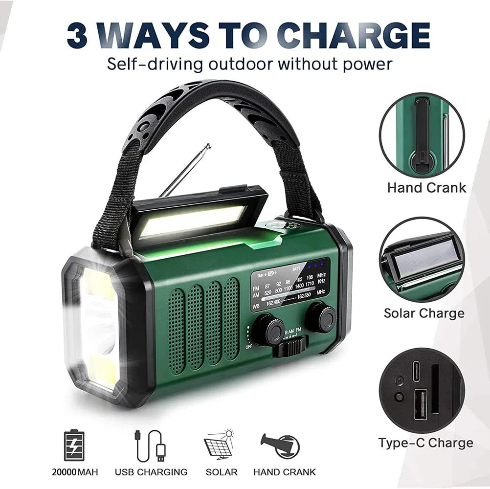 Radio AM/FM/WB Portatile Emergenza Solare,Winnes Radiolina a Manovella Dinamo con Batteria da 20000 mAh per Ricarica Telefono di Emergenza Outdoor Allarme SOS e Torci,LED Lampada da lettur - (Verde)