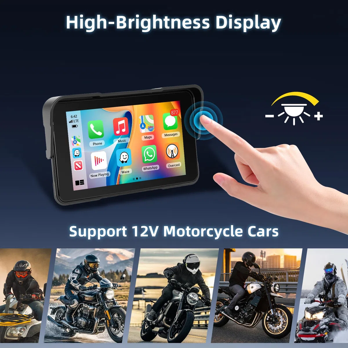 CarPlay Schermo Carplay per Moto con Wireless Android Auto, 5 Pollici Impermeabile Touchscreen, Doppio Bluetooth, Navigazione GPS, Siri/G00gle Assistente, Plug-and-Play