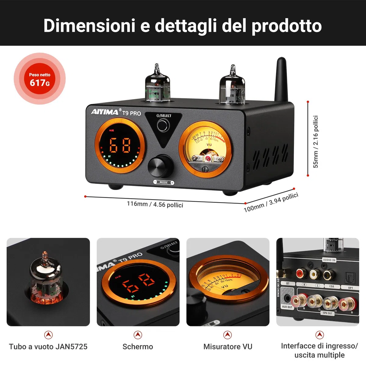AIYIMA T9PRO JAN5725 Amplificatore a valvole 100Wx2 TPA3250 Stereo USB DAC Amp QCC3040 Bluetooth aptxHD COAX/OPT Amplificatori digitali Hi-Fi per audio domestico con VU Meter (alimentatore 32V)