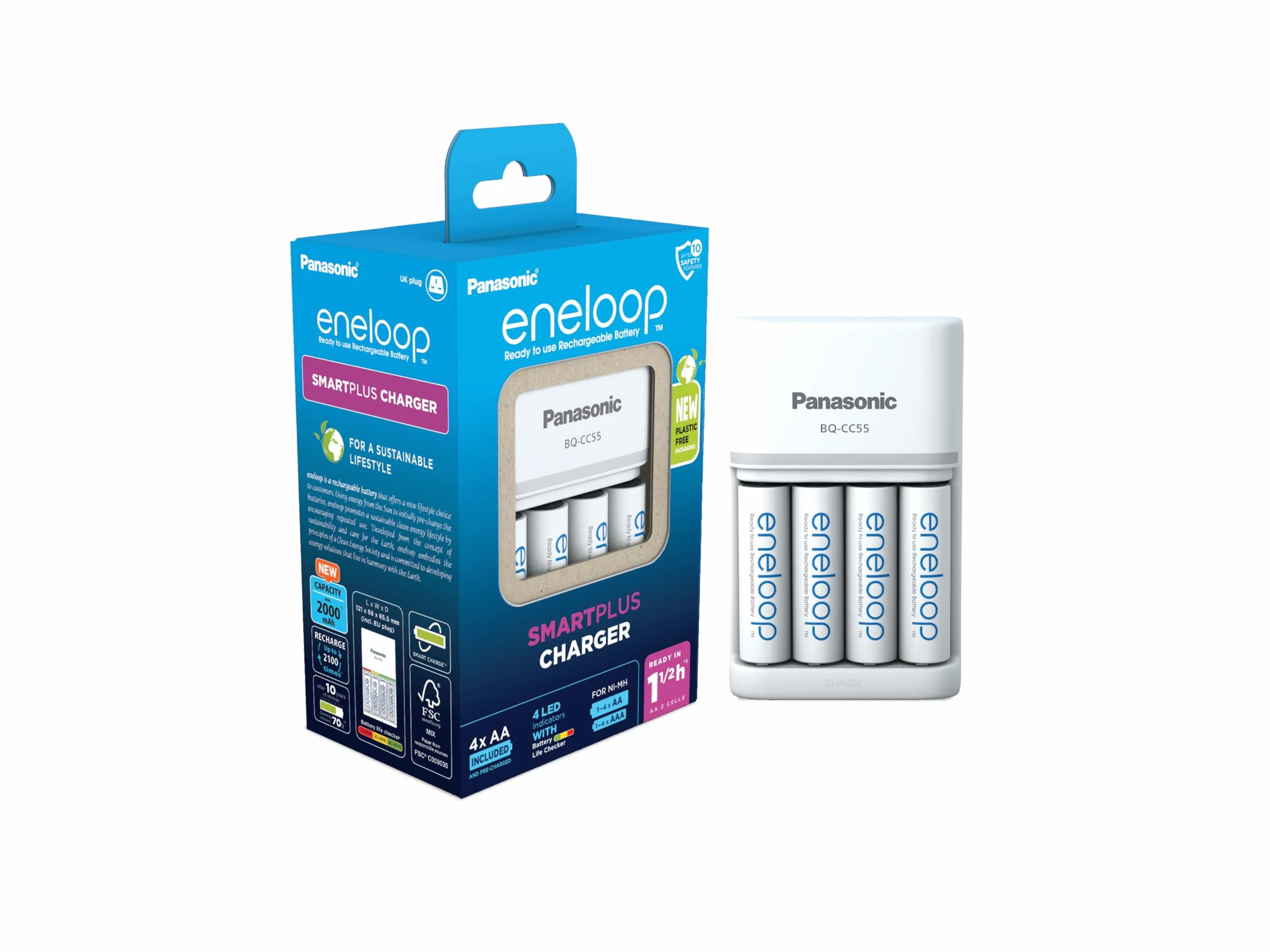 Panasonic eneloop Caricabatterie SmartPlus per 1-4 batterie AA/AAA Ni-MH, con 4 indicatori LED e 10 funzioni di sicurezza, tra cui 4 batterie eneloop AA/Mignon, capacità migliorata di min. 2000