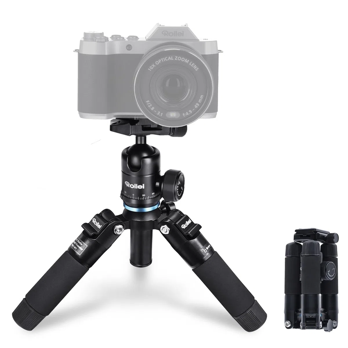 Rollei Compact Traveler Mini M1, Mini Treppiede Fotocamera in Alluminio 49cm Cavalletto Fotografico Piccolo Leggero con Testa a Sfera Arca Swiss per DSLR Nero, Macro-Treppiede-Fotocamera-Tripod