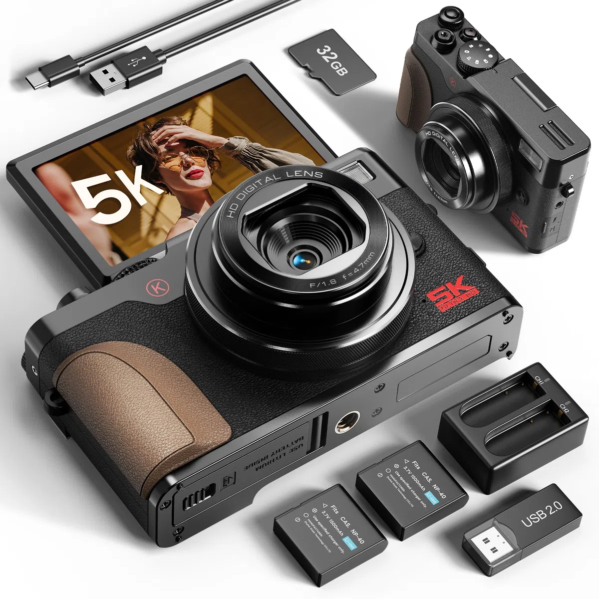 Fotocamere digitali da 64 MP per fotografia, fotocamere digitali autofocus 5K con scheda TF da 64 GB e 2 batterie, zoom 18x, fotocamera anti-shake per YouTube MC-US-K100C-BB-N5-A-2509