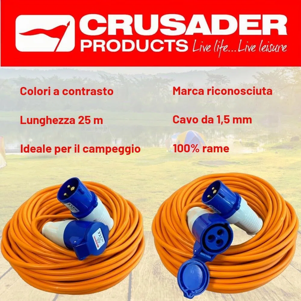 Cavo di prolunga da 25 m, resistente, 240 V, 16 A, per campeggio, roulotte, colore arancione ad alta visibilità, perfetto per camper e camper (25 m)