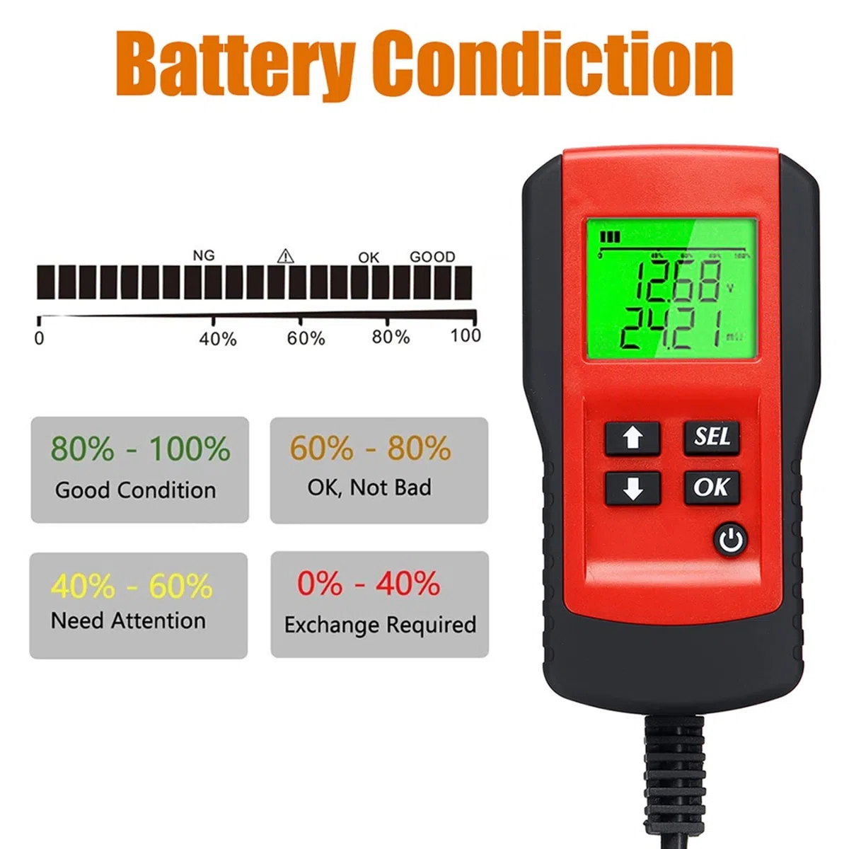 Tester per batteria auto Digital 12V Car Battery Tester Tester Test e analizzatore della percentuale di durata della batteria, tensione, resistenza e batteria del ciclo profondo del ciclo Prova in mod