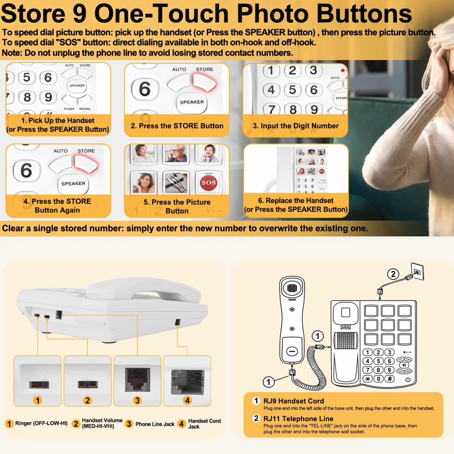 Fockety Telefono con tasti grandi per anziani, telefono fisso con filo, 9 tasti grandi, One Touch, volume regolabile, suoneria forte, avviso di chiamata LED, per anziani ipovedenti