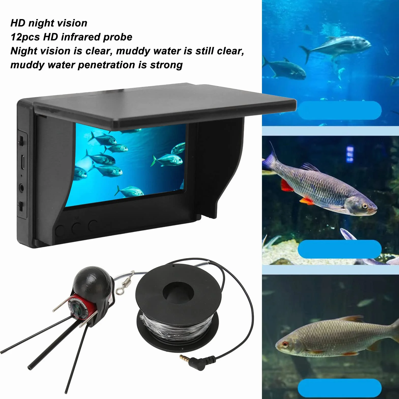 Telecamera per la Pesca Subacquea, Schermo TN HD da 4,3 Pollici Telecamera Portatile per Fish Finder 1500cd Telecamera Impermeabile IP68 con 12 Luci per la Visione Notturna per la (20 m / 21,9 yd