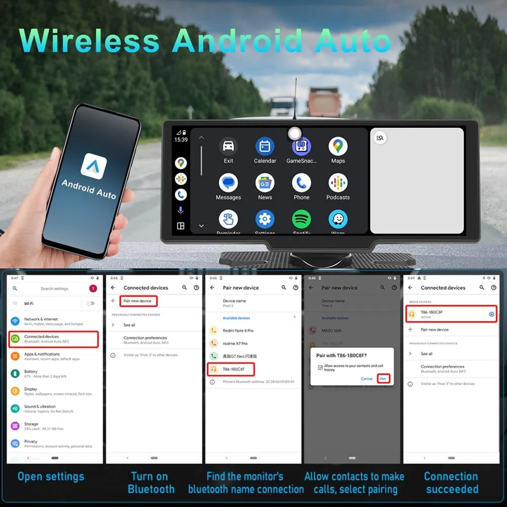 Monitor per Auto da 10,26 Pollici con Schermo HD Wireless CarPlay Android Auto Trasmettitore FM Bluetooth Lettore Video