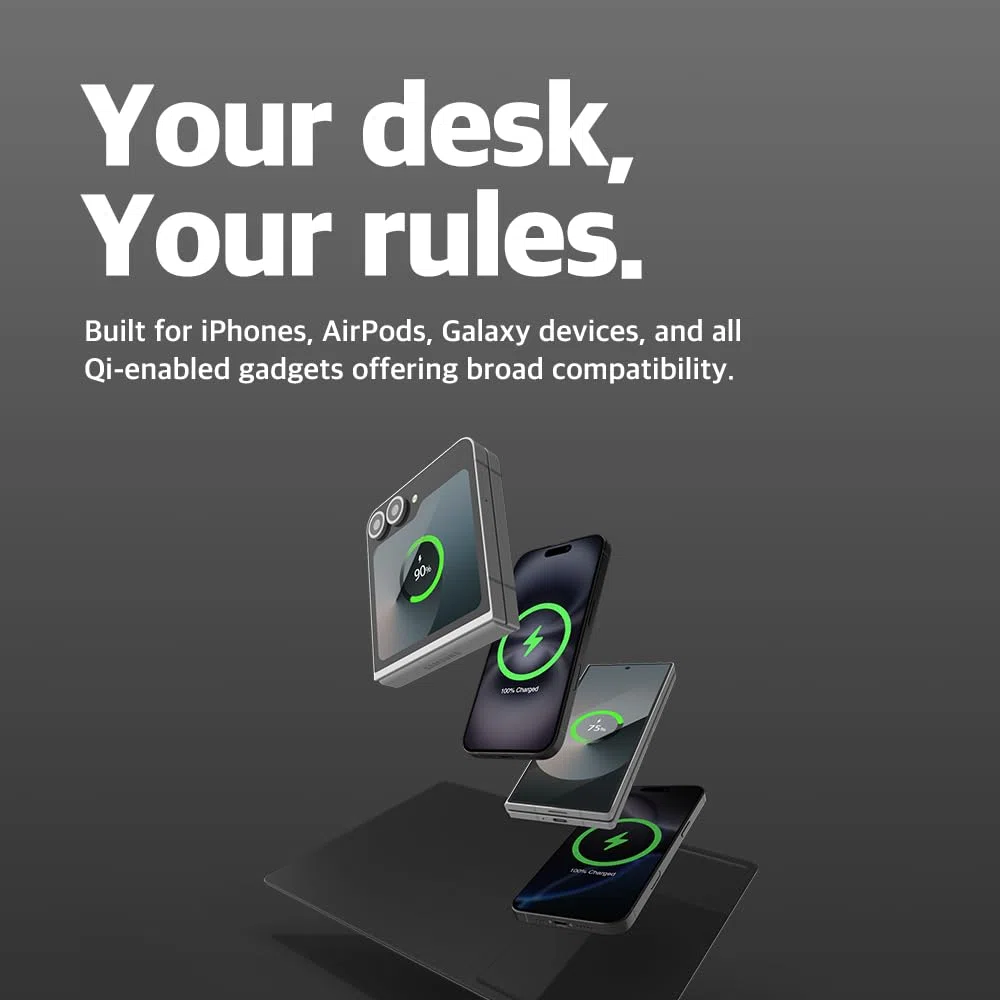 POUT Tappetino per mouse H3 PRO Dual Qi Wireless Charging - Doppio caricabatterie wireless veloce - per MacBook, laptop e scrivania - Ricarica iPhone, Airpods, Samsung Galaxy e altro (nero freddo)